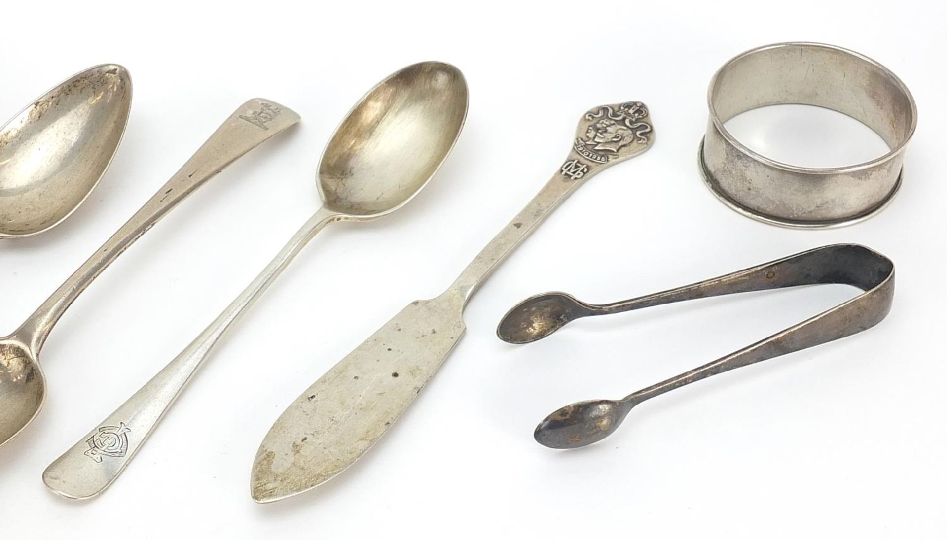 Georgian and later silver including caddy spoon, napkin rings and teaspoons, various hallmarks, - Image 4 of 7