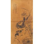 Chinese hand painted wall hanging of flowers with birds having scripts and seal marks, 60cm x 30cm