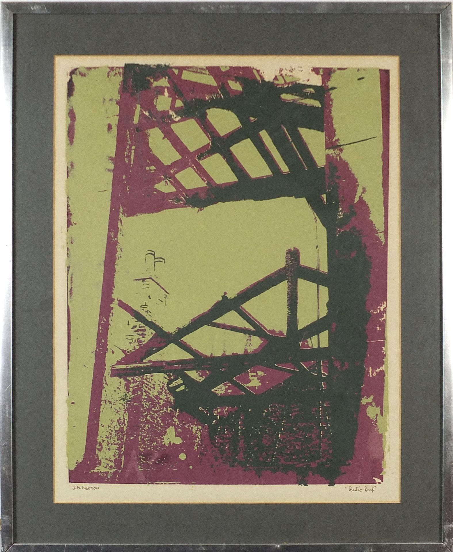 J M Sexton - Burnt roof, silk screen print, mounted, framed and glazed, 50cm x 38.5cm excluding - Image 2 of 5