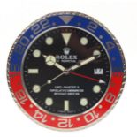 Rolex design GMT Master II dealer's display wall clock, 35cm in diameter