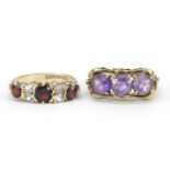 9ct gold amethyst three stone ring and a 9ct gold garnet and white sapphire ring, sizes L and Q, 6.