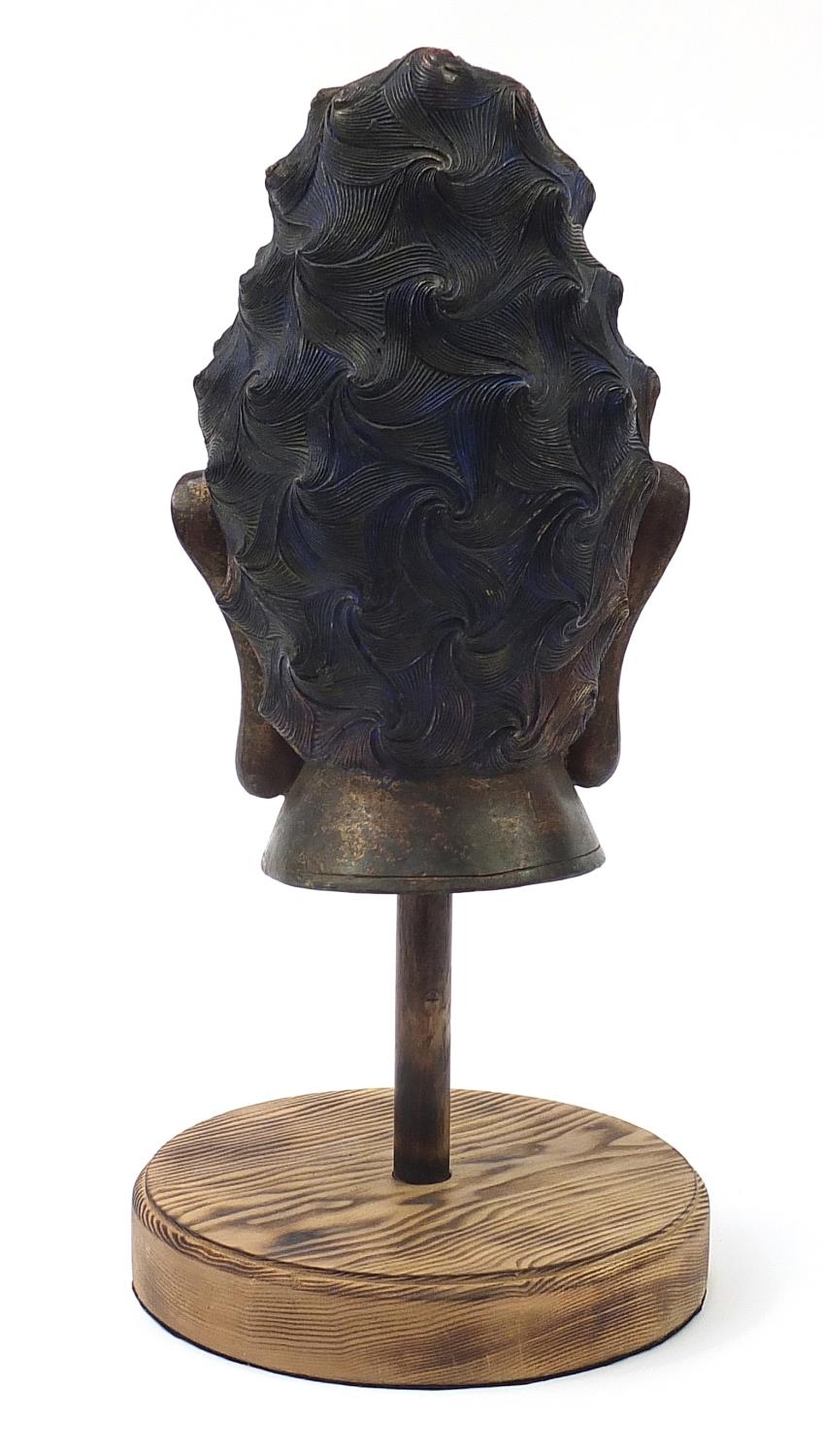 Chinese patinated bronze head of Buddha, overall 53cm high - Image 3 of 6