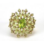 9ct gold peridot cluster ring, size O, 5.9g