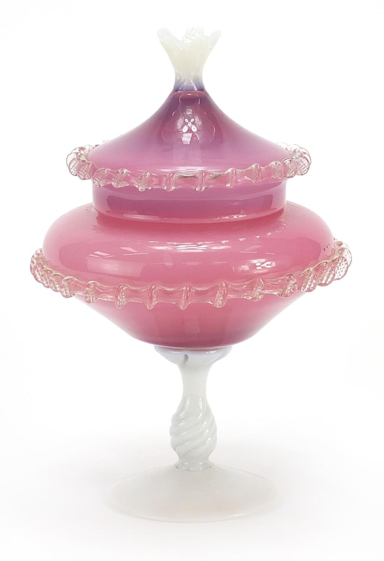 Vaseline and pink glass centerpiece and cover with frilled decoration, 30cm high