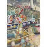 Geoffrey Underwood - St Ives harbour scene with moored fishing boats, oil on board, mounted and