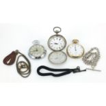 Three pocket watches including an antique full hunter and two watch chains