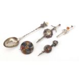 Antique and later Scottish silver brooches and teaspoon including two set with agate, various marks,