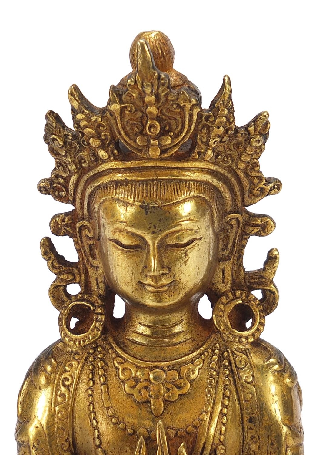 Chino Tibetan gilt bronze figure of seated buddha, 20cm high - Image 2 of 8