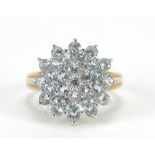 9ct gold blue topaz cluster ring, size P, 3.4g