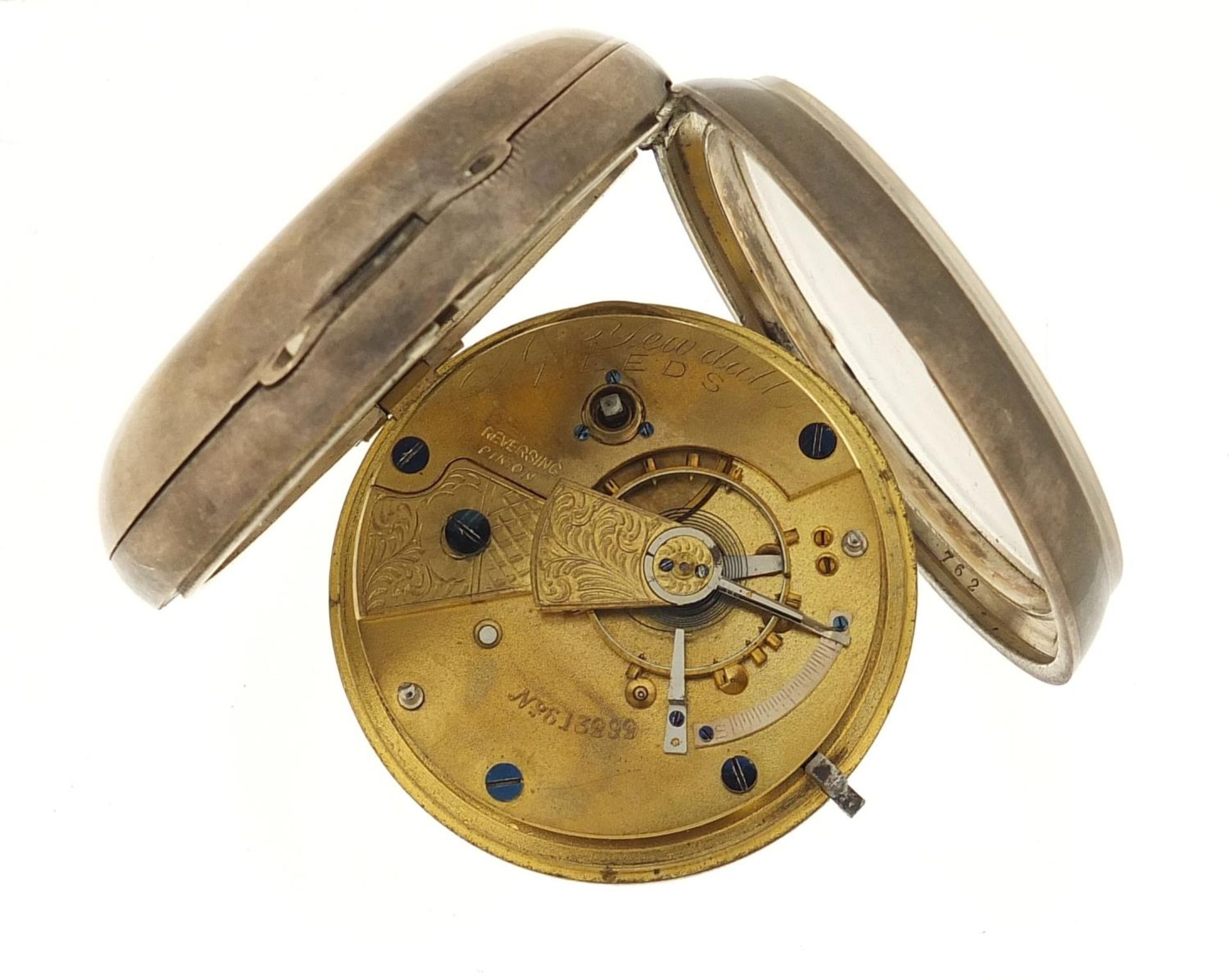 A Yewdall, gentlemen's silver open face pocket watch, the movement numbered 13232, the case dated - Bild 3 aus 7