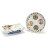 Two Japanese porcelain footed dishes hand painted with flowers, the largest 15cm wide