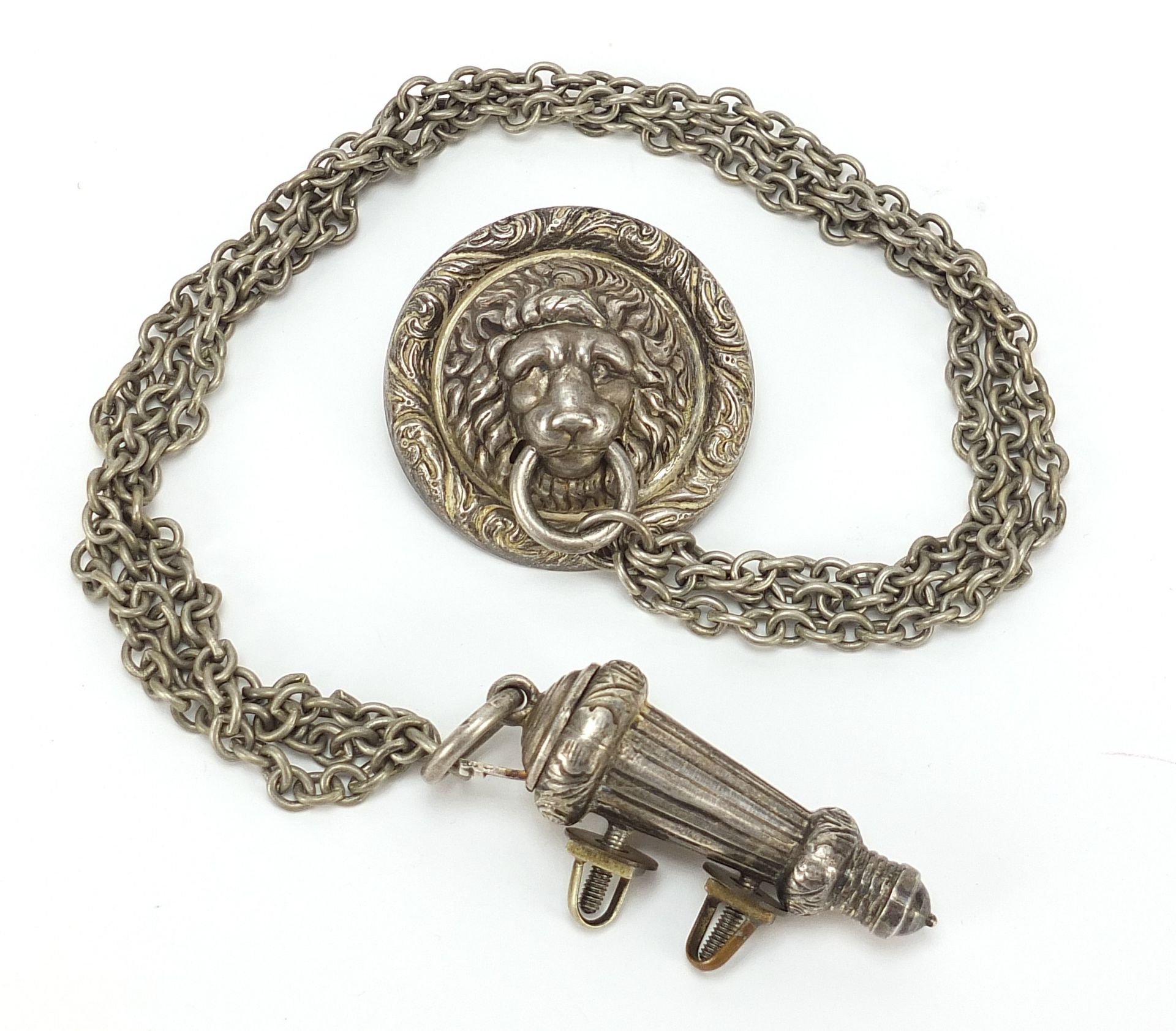 Military interest silver plated silver whistle on chain with lion mask anchor plate, overall 50cm in - Image 2 of 4