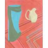 Abstract composition, still life vessels and geometric lines, oil on canvas, mounted and framed,