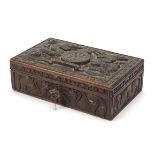 Chinese World War I Indian Regiment hardwood box carved with dragons, 9.5cm H x 27cm W x 17.5cm D