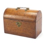 Victorian dome top oak tea caddy with brass mounts and lidded compartments, 16.5cm H x 23cm W x 12cm