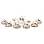 Royal Albert Old Country Roses six place tea service with teapot, the teapot 19.5cm high