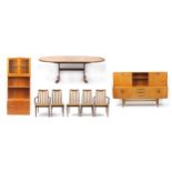 Teak dining room furniture comprising extending dining table and five chairs, sideboard and G-Plan