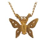 9ct gold butterfly pendant on a 9ct gold necklace housed in a Brabbington's box, 1.5cm high and 34cm