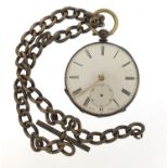 Silver open face pocket watch on a silver watch chain with T bar, 43mm in diameter