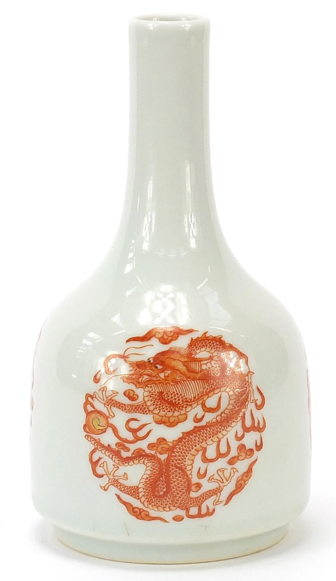 Chinese porcelain bottle vase hand painted in iron red with three dragons chasing a flaming pearl