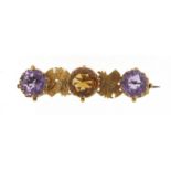 Victorian unmarked gold citrine and amethyst 'Dinna Forget' bar brooch, 3.5cm wide, 3.9g