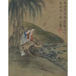 Females beside water, Chinese watercolour on silk with character marks and red seal mark, mounted,