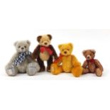 Four Deans Rag Book teddy bears with articulated arms and legs, the largest 30cm high