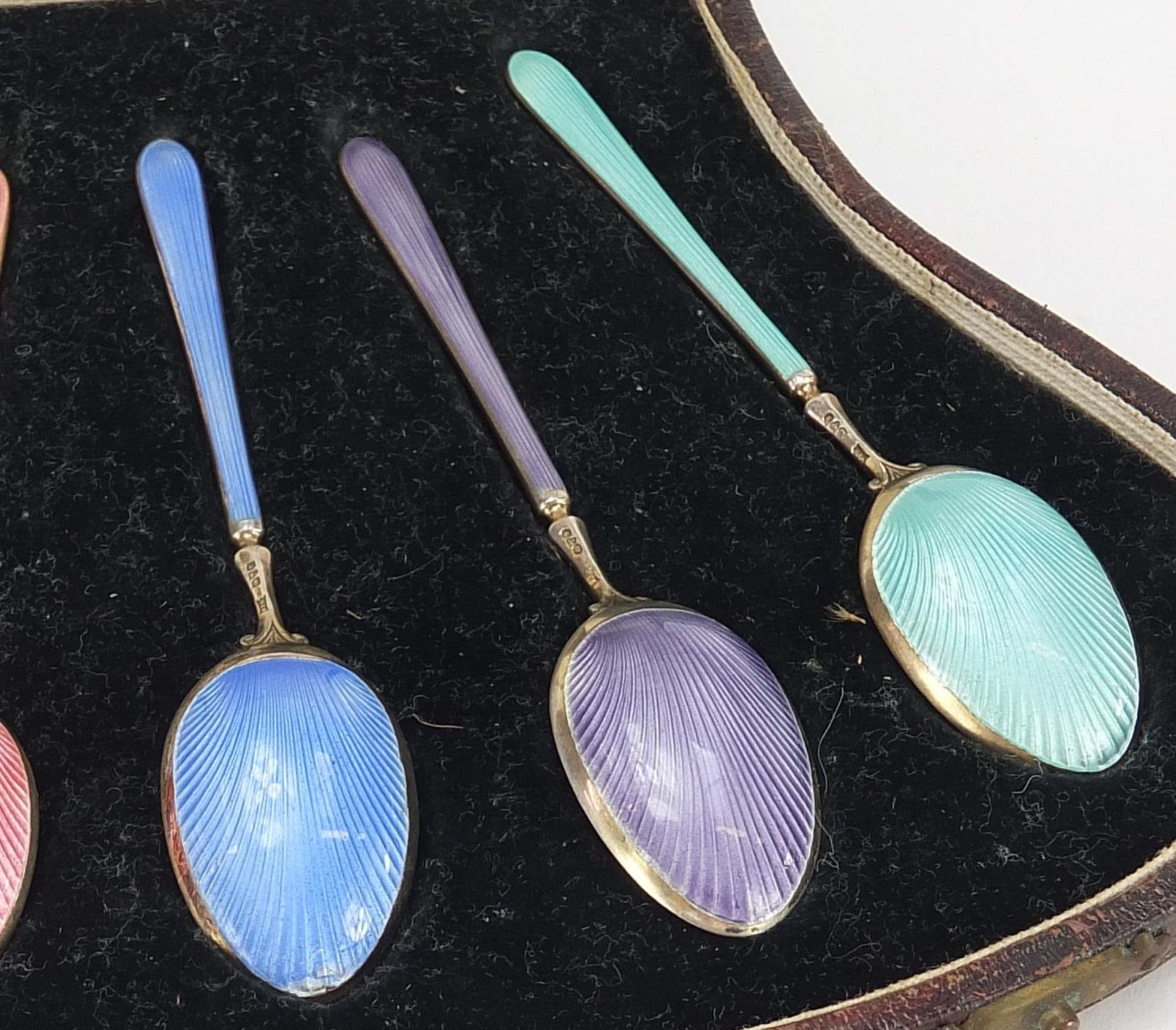 Walker & Hall, set of six silver and guilloche enamel teaspoons housed in a velvet and silk lined - Image 3 of 7