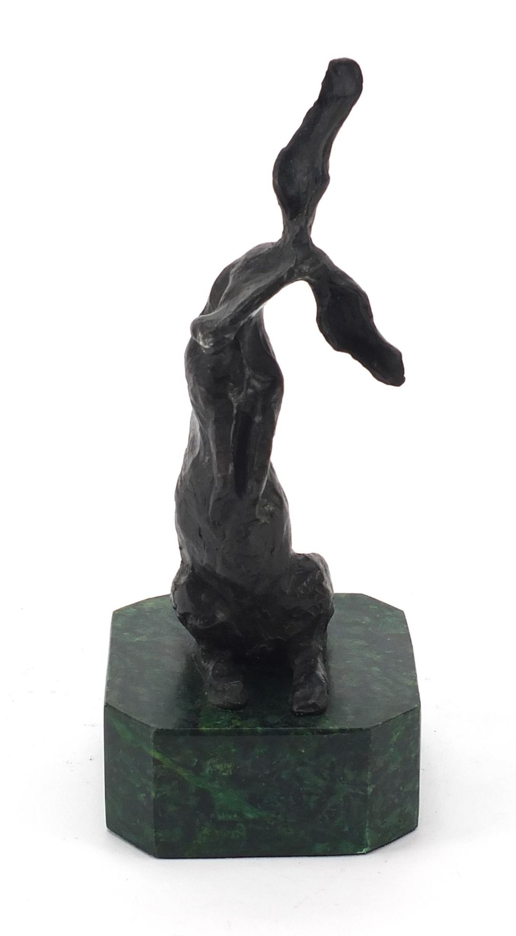 Mid century design patinated bronze sculpture of a seated rabbit raised on a green marbleised - Image 2 of 5
