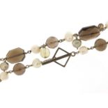 Silver, pearl and smoky quartz necklace, 74cm in length, 96.8g