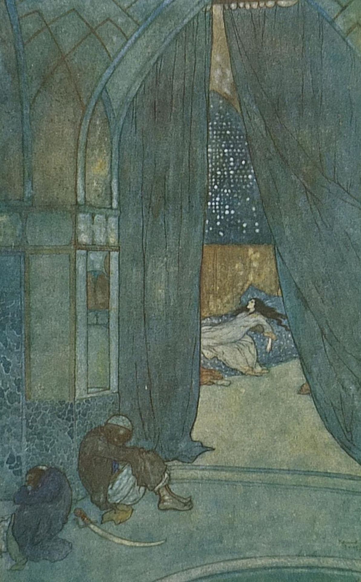 After Edmund Dulac - Seven prints in colour including a mosque and females dancing, mounted, - Bild 10 aus 28