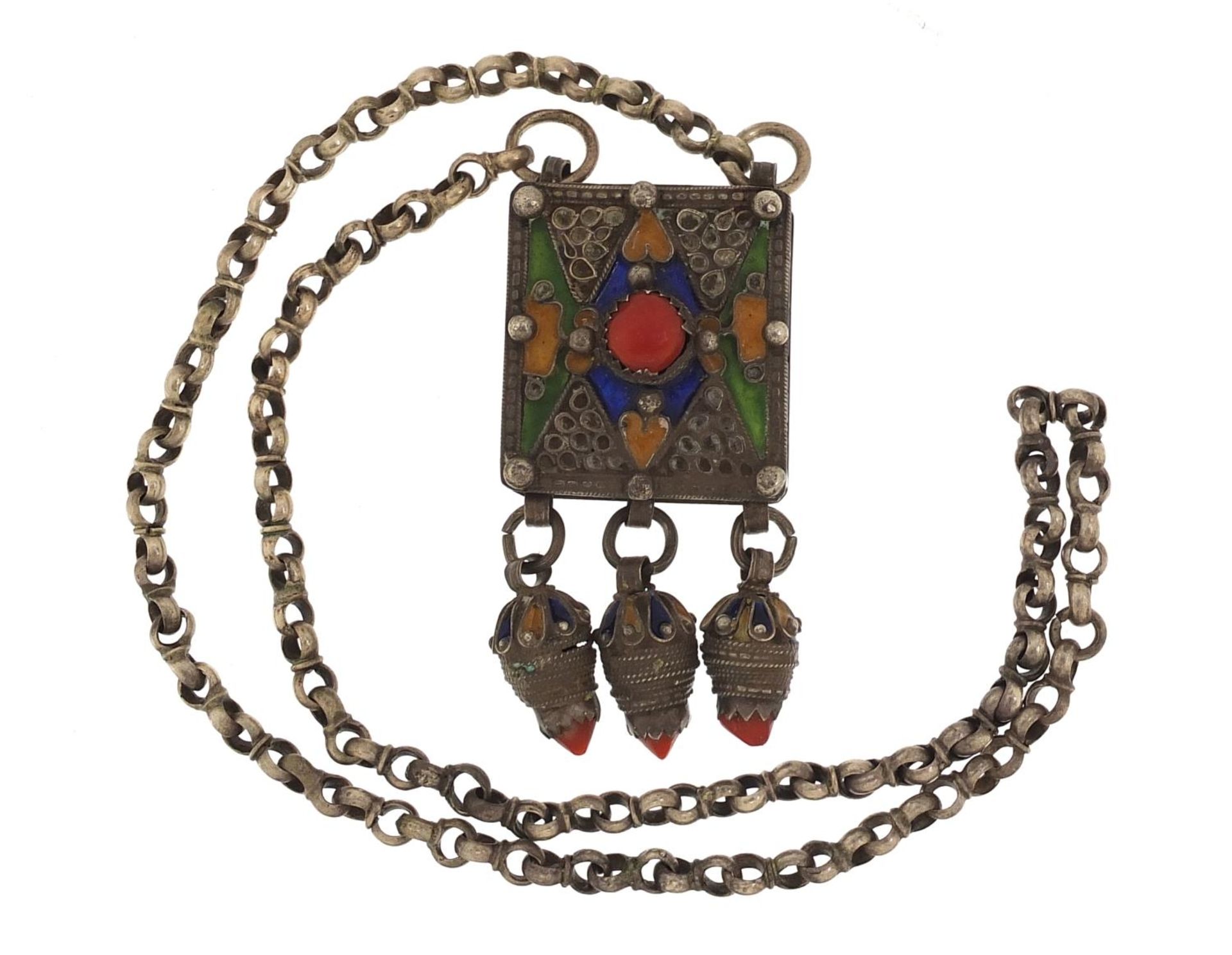 Middle Eastern unmarked silver and enamel necklace, 56cm in length, 89.0g - Image 2 of 3