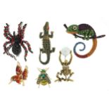 Six jewelled and enamel animal and insect brooches including chameleon, humming bird, monkey and