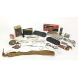 Objects to include yellow metal vintage spectacles, Rolls razor, medal and ribbons, the largest 15cm