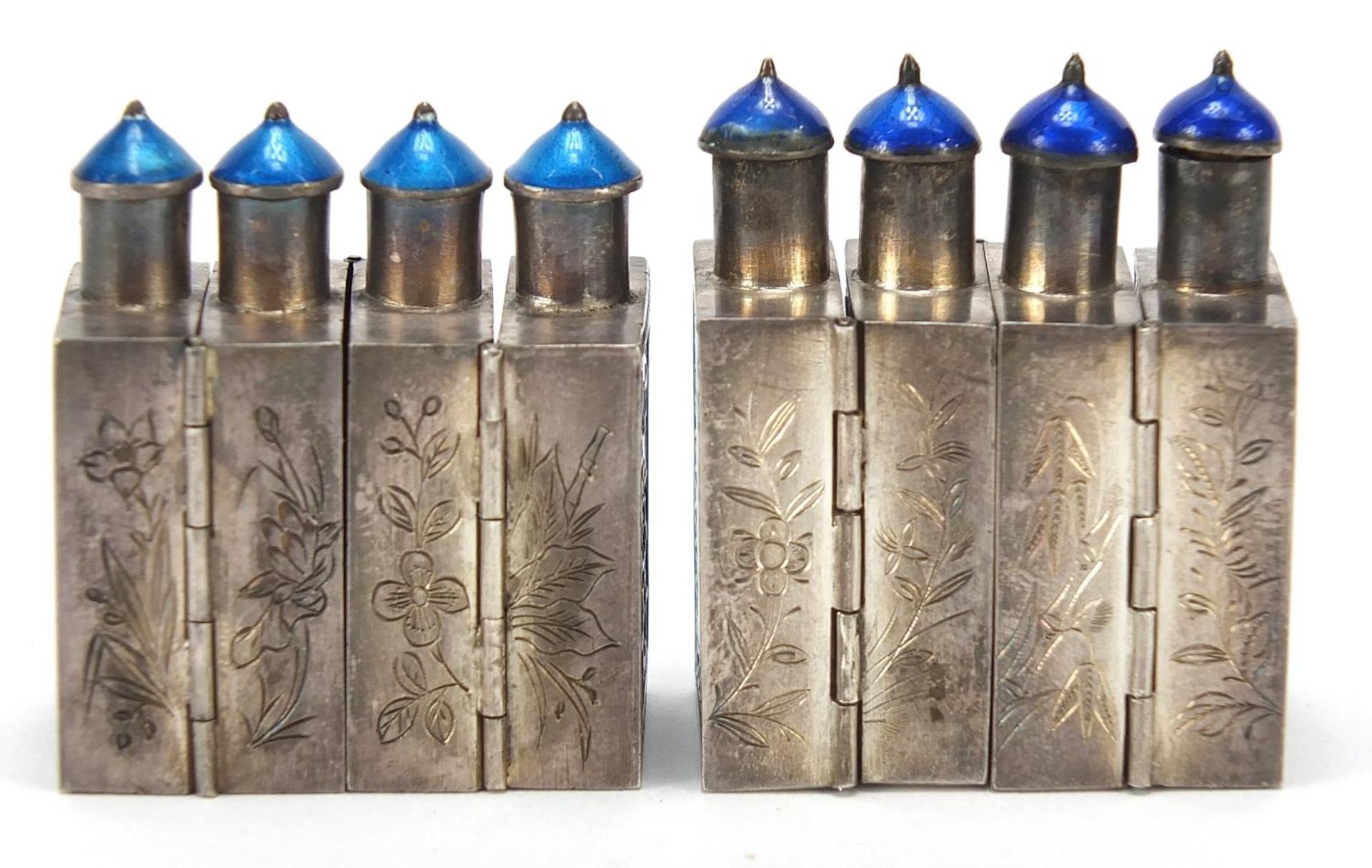 Two Chinese unmarked silver concertina folding four section scent bottles, 8cm wide when opened - Image 9 of 12