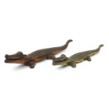 Two copper and brass nutcrackers in the form of crocodiles, the largest 39cm in length