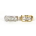 9ct white gold cubic zirconia half eternity ring and a 9ct gold clear stone cluster ring, sizes L