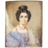 19th century rectangular hand painted portrait miniature of a female wearing a blue dress, 10cm x