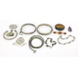 Silver semi precious stone jewellery including hinged bangles, necklaces, pendants and brooches,