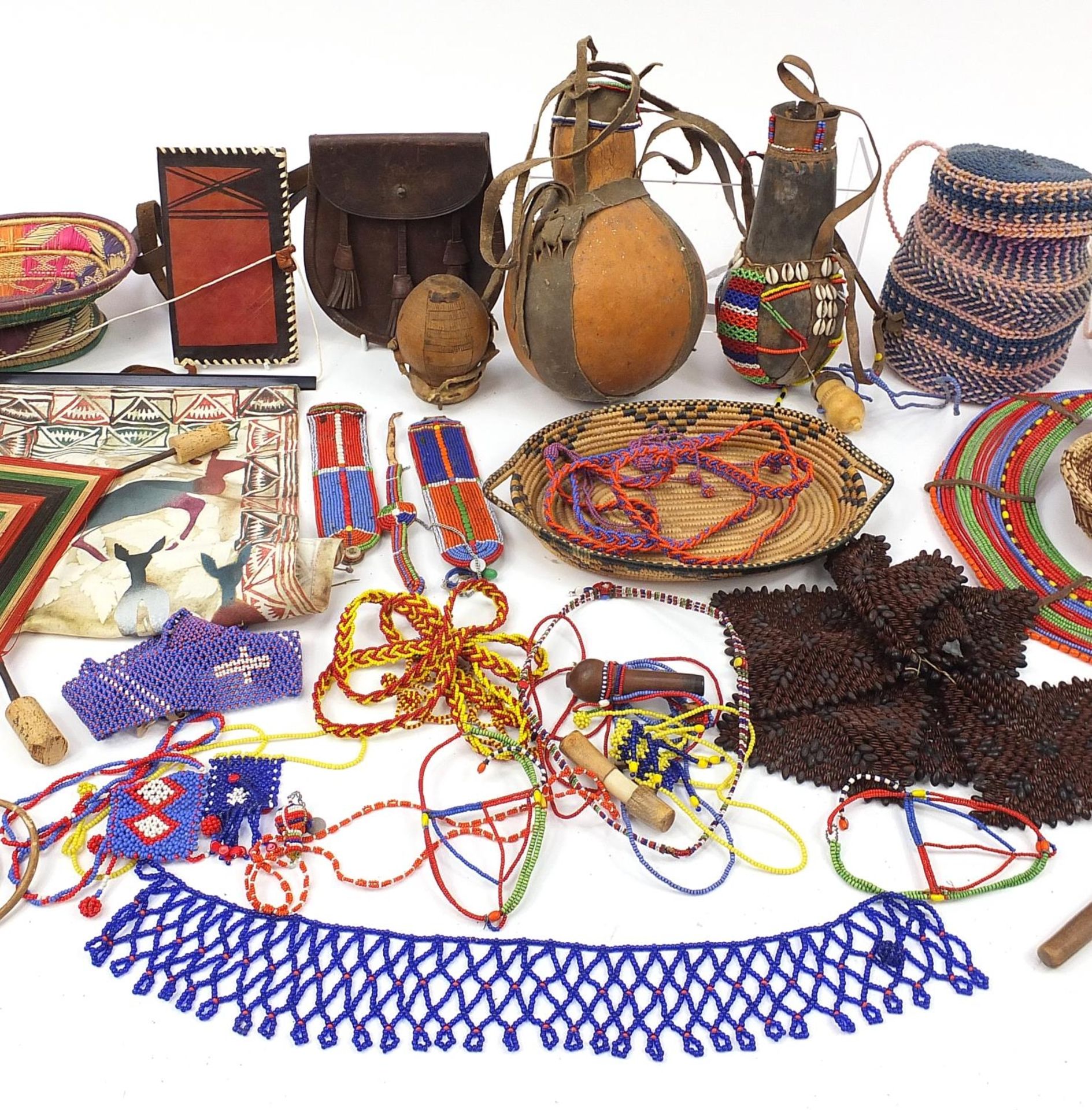 Tribal interest items including a carved wood headrest, gourd vessel with beadwork, tie-dye panels - Image 3 of 5