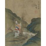 Females beside water and a bridge, Chinese watercolour on silk with character marks and red seal