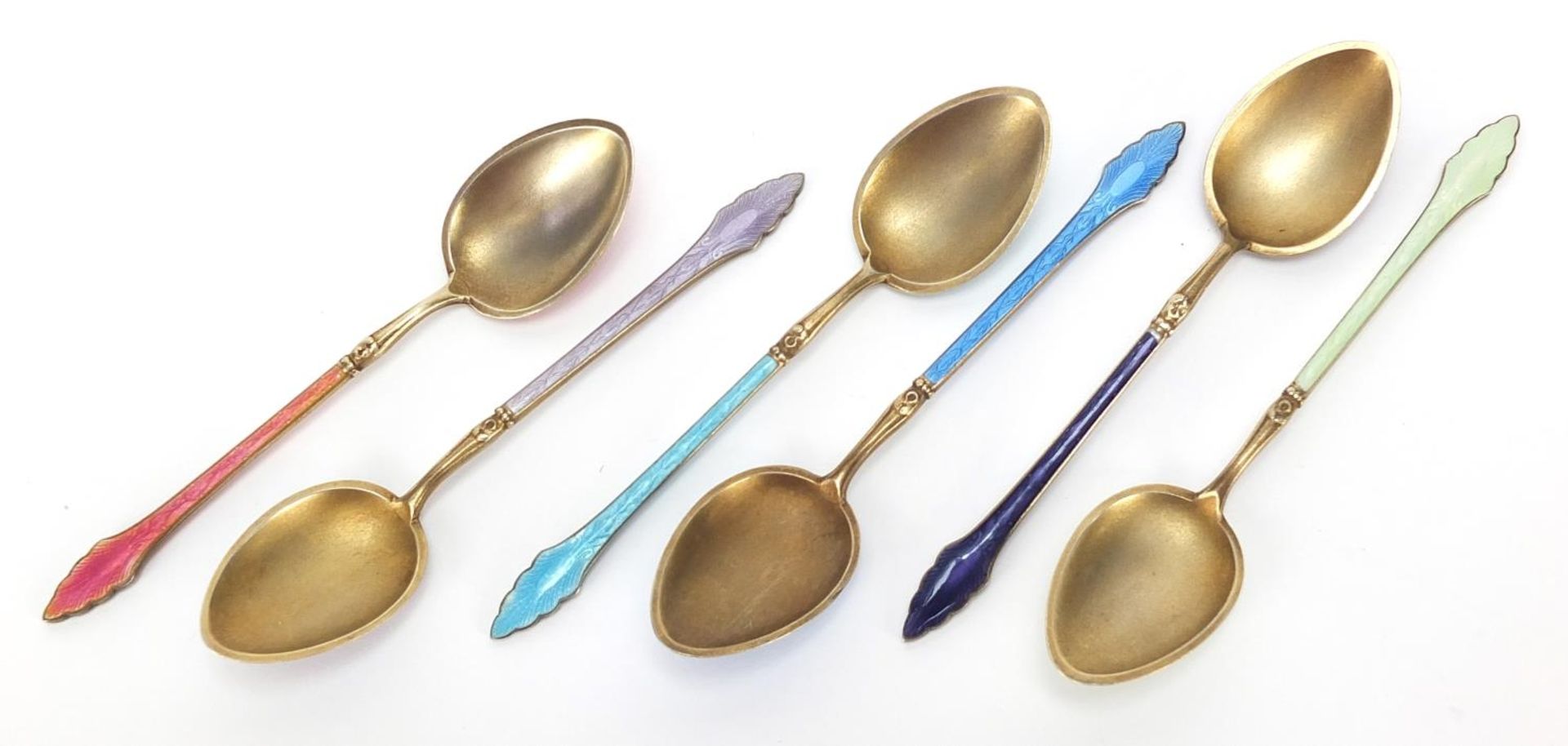 Set of six sterling silver and guilloche enamel teaspoons, 10cm in length, 68.4g - Image 2 of 6