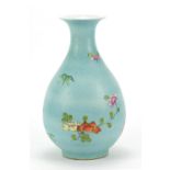 Chinese porcelain turquoise ground vase hand painted in the famille rose palette with flowers, six