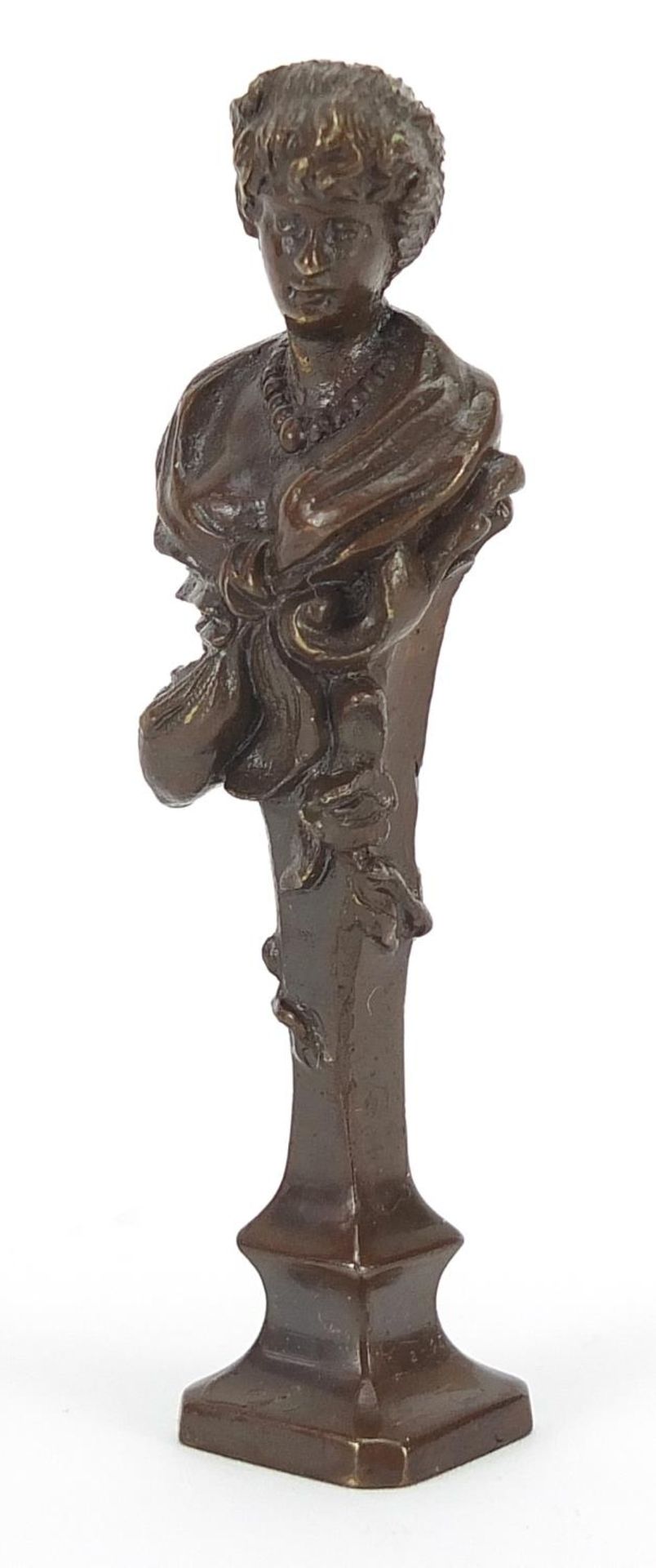 Art Nouveau patinated bronze desk seal of a maiden, 18cm high
