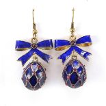 Pair of silver gilt and enamel egg and bow earrings set with pink stones, impressed Russian marks,