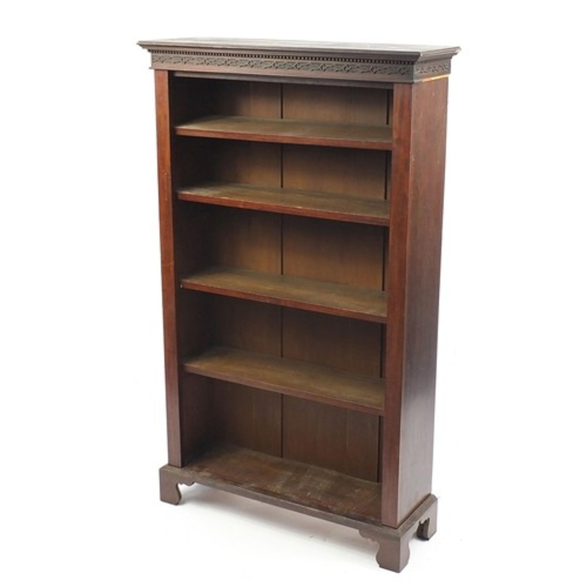 Mahogany open bookcase with blind fretwork cornice and five shelves, 160cm H x 96cm W x 31cm D