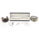 Silver jewellery and two large silver coloured metal bangles including a gilt bracelet set with blue