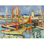 Harbour with moored boats, oil on board, French street scene verso, mounted and framed, 39.5cm x