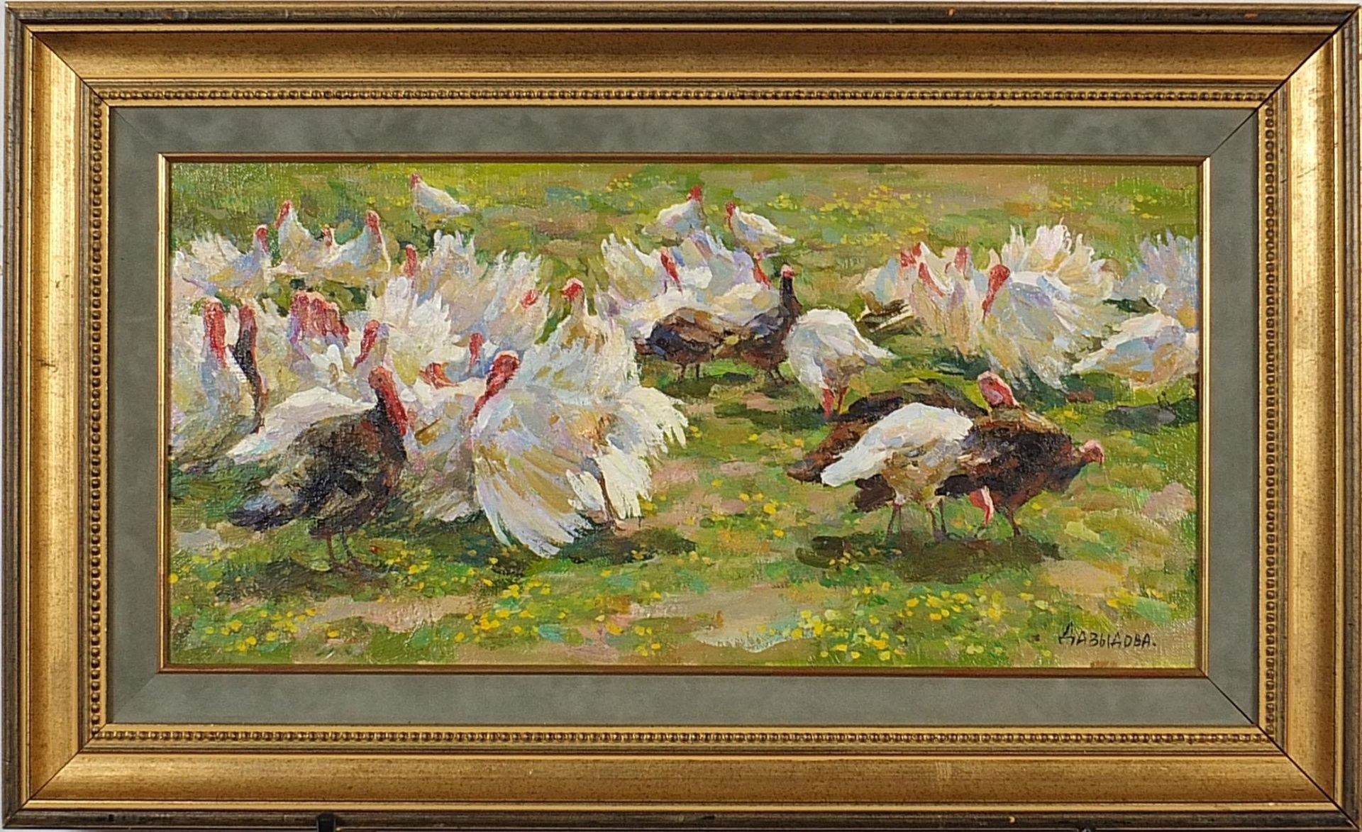 Marina Davidova - Turkeys, signed oil on canvas, inscribed verso, mounted and framed, 49cm x 24cm - Bild 2 aus 5