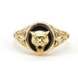 9ct gold and black onyx Jaguar car mascot ring, size V, 4.3g